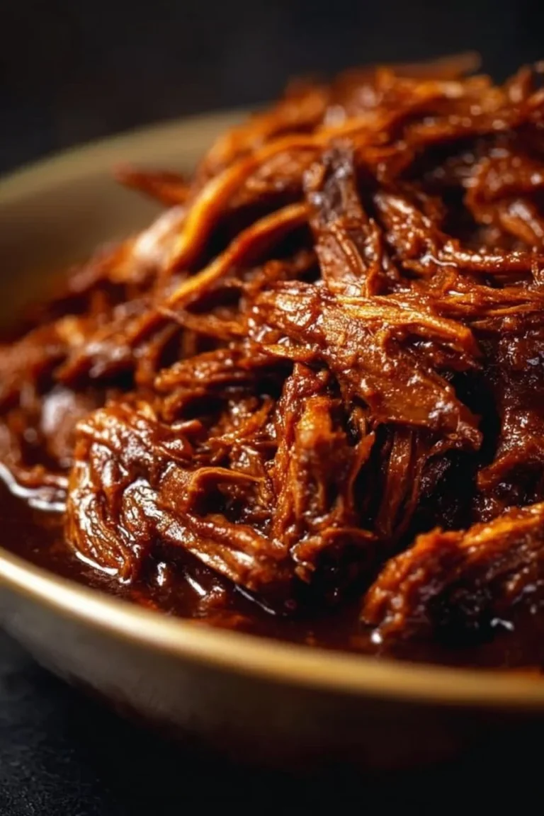 Plat de bœuf effiloché à la bière blonde prêt à être servi, garniture appetissante.