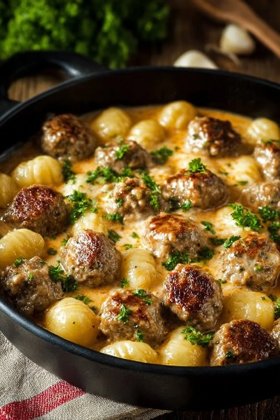 Boulettes de viande crémeuses avec gnocchis dans une casserole
