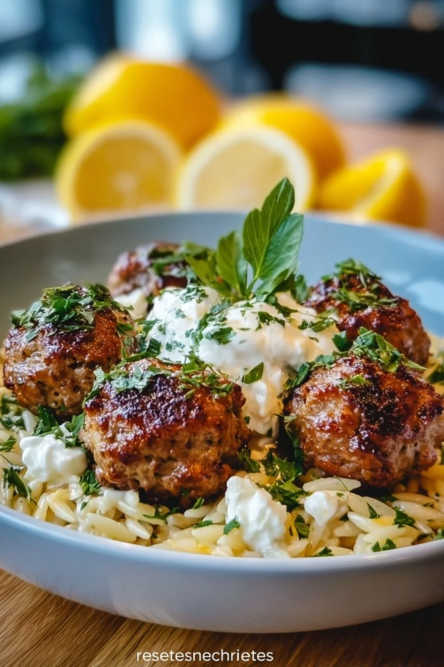 Boulettes grecques avec orzo citronné et crème de feta dans une assiette délicieuse.