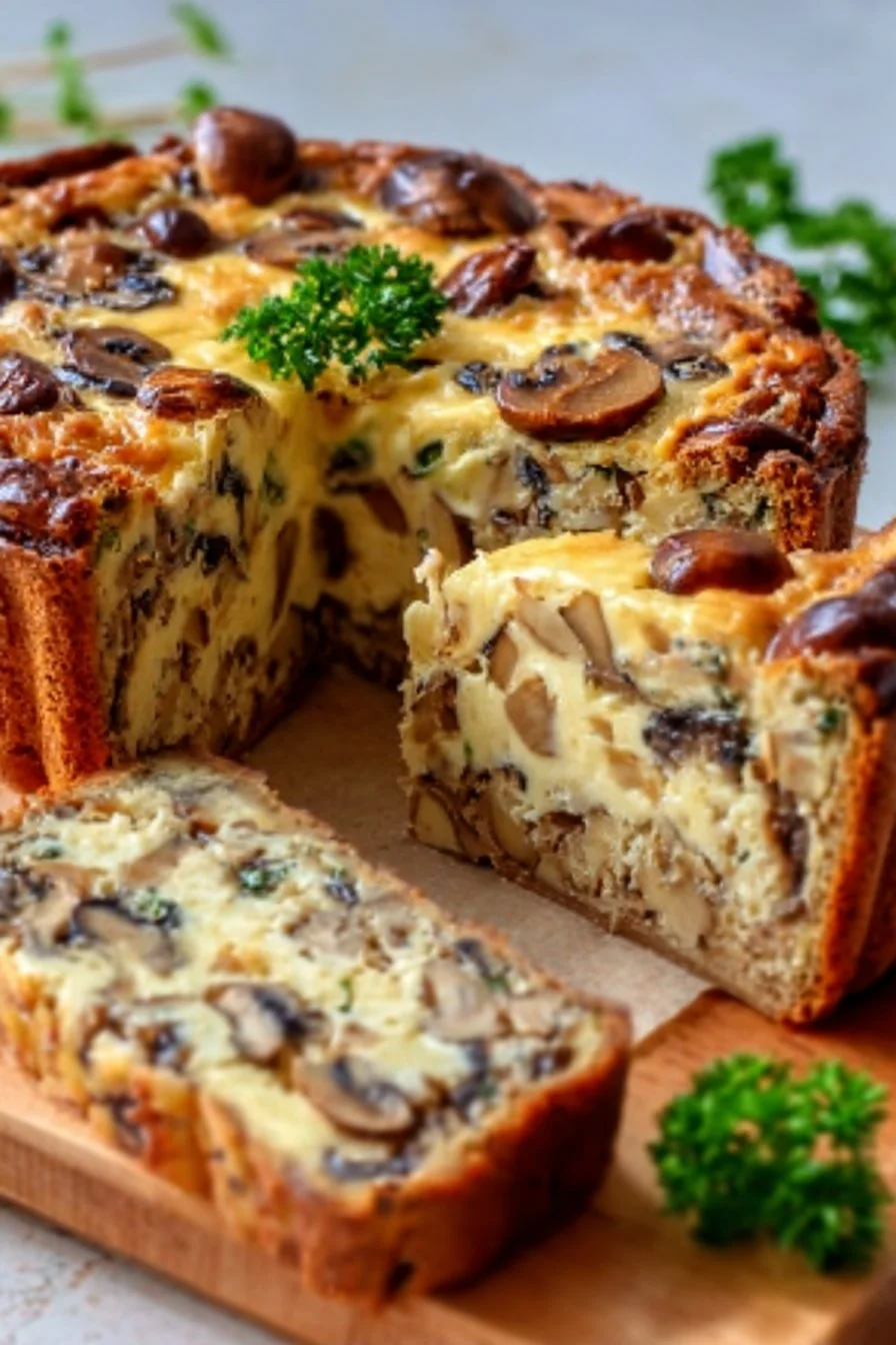 Cake Salé aux Champignons et Comté, savoureux et idéal pour les apéritifs.