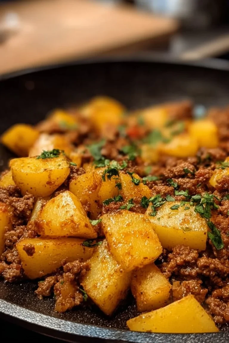 Assiette de viande hachée cuisinée avec des pommes de terre.