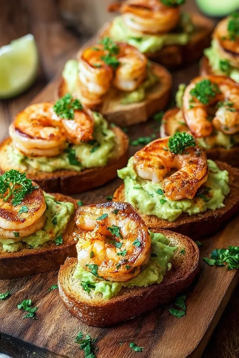 Crostini aux Crevettes à l'Ail et à l'Avocat pour une délicieuse entrée.