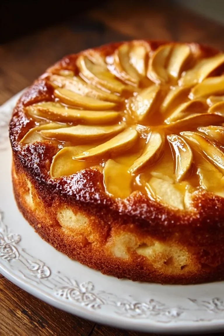 Un gâteau moelleux frangipane aux pommes fraîchement cuit sur une assiette.