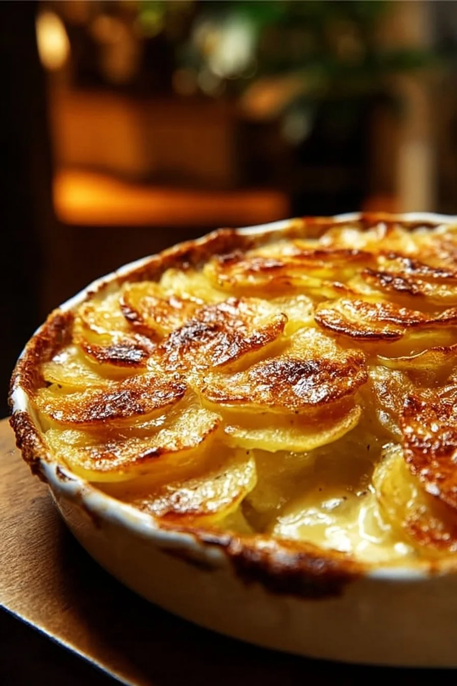 Gratin Dauphinois crémeux, plat savoureux et réconfortant, présenté dans un plat en céramique.