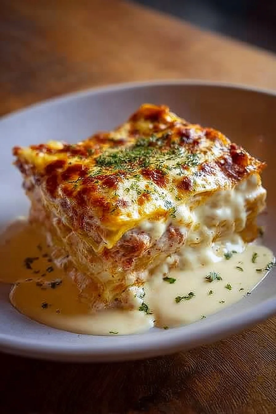 Lasagnes au poulet et sauce blanche, un plat savoureux et réconfortant.