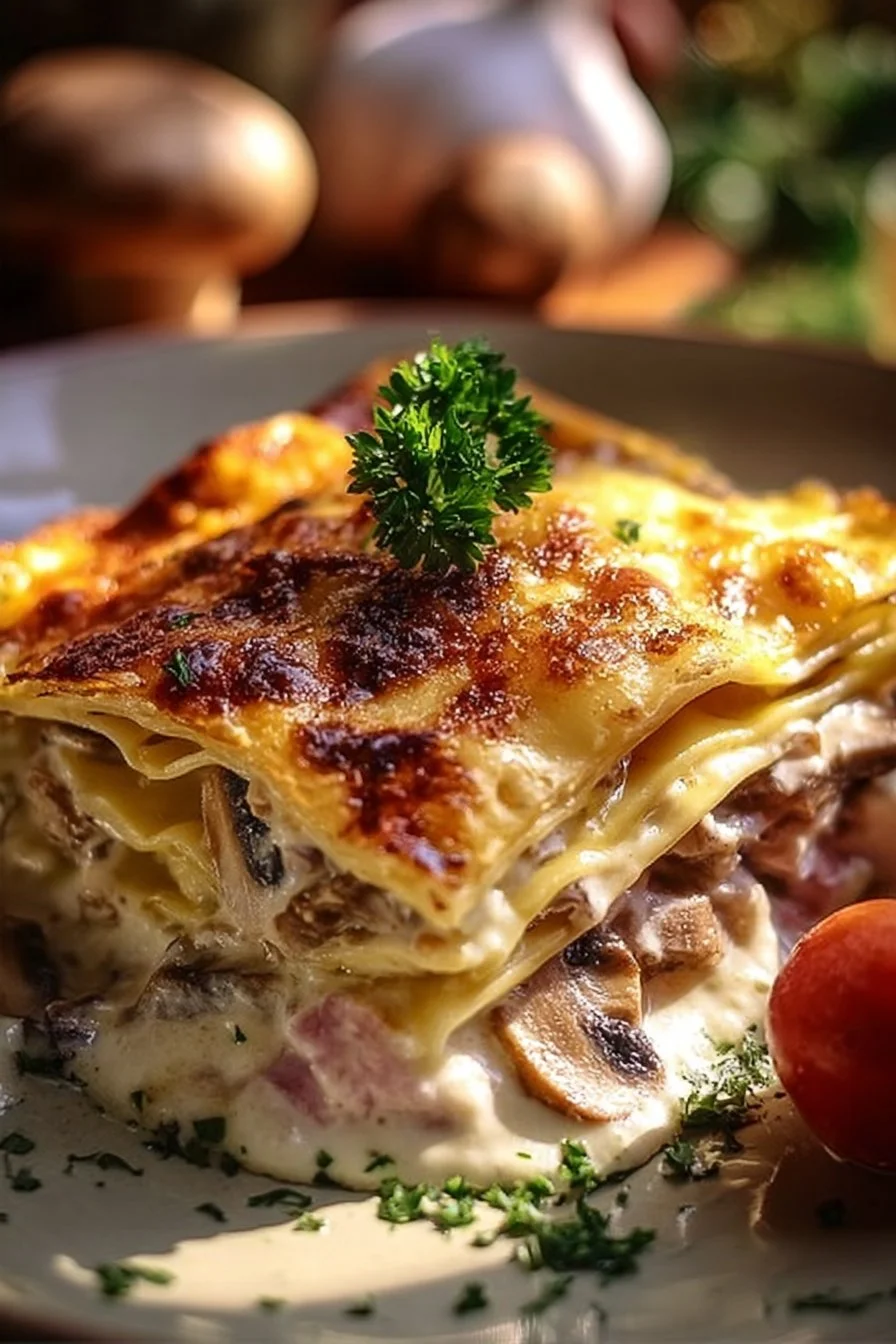 Lasagnes aux champignons, jambon et fromage préparées dans un plat chaud