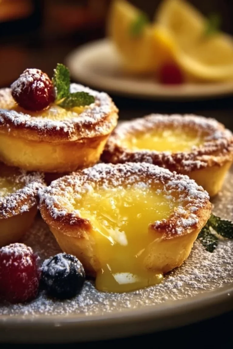 Mini tartes citron magiques présentées sur une assiette, garnies de meringue légère.