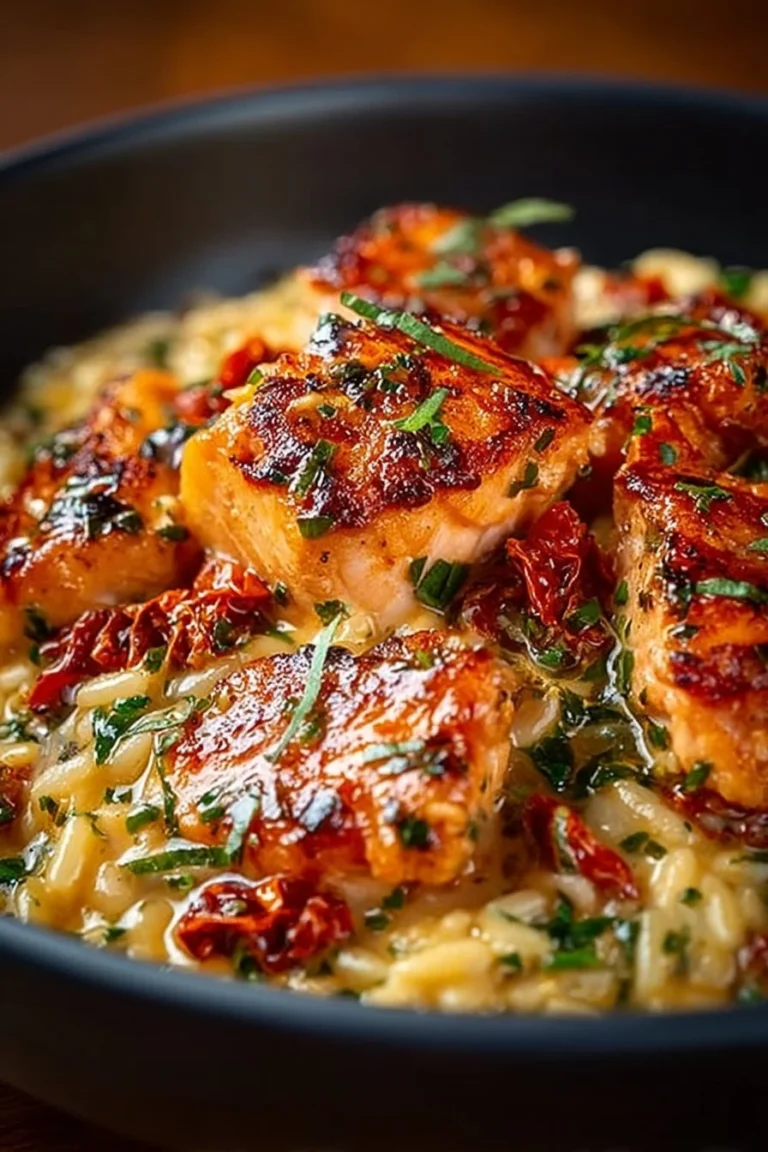 Plat d'Orzo Crémeux au Poulet à la Toscane, savoureux et réconfortant.