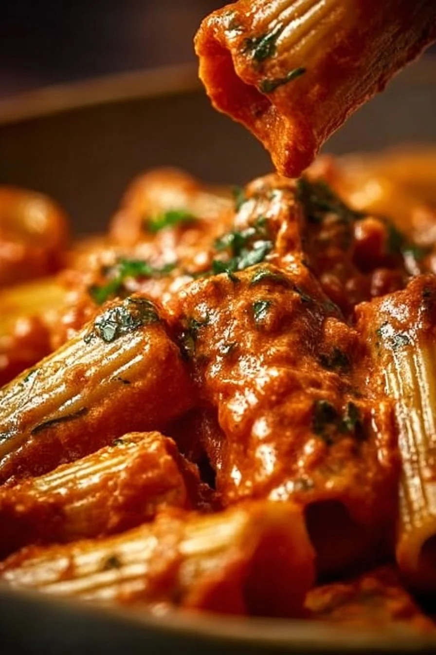 Plat de pasta crémeuse à la tomate et à l'ail, prêt à servir.