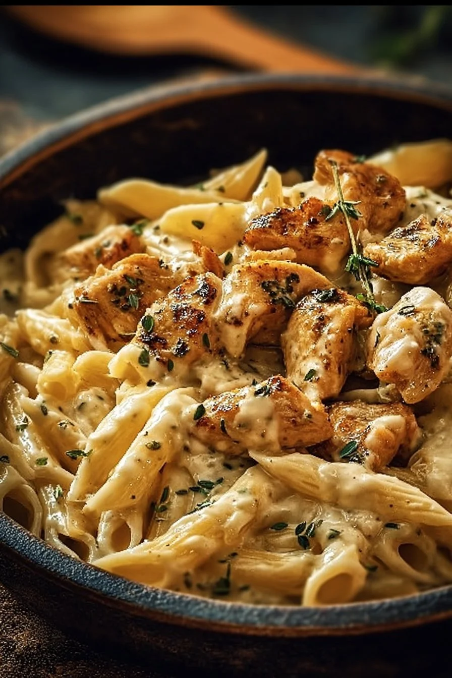 Assiette de Pâtes au Poulet 'Marry Me' garnies de parmesan et herbes fraîches