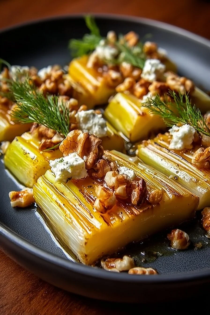 Poireaux rôtis au miel et moutarde, plat savoureux et appétissant.