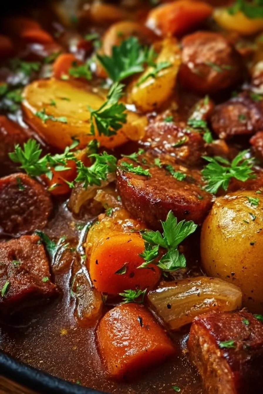 Potée Auvergnate servie dans un plat traditionnel avec légumes et viandes
