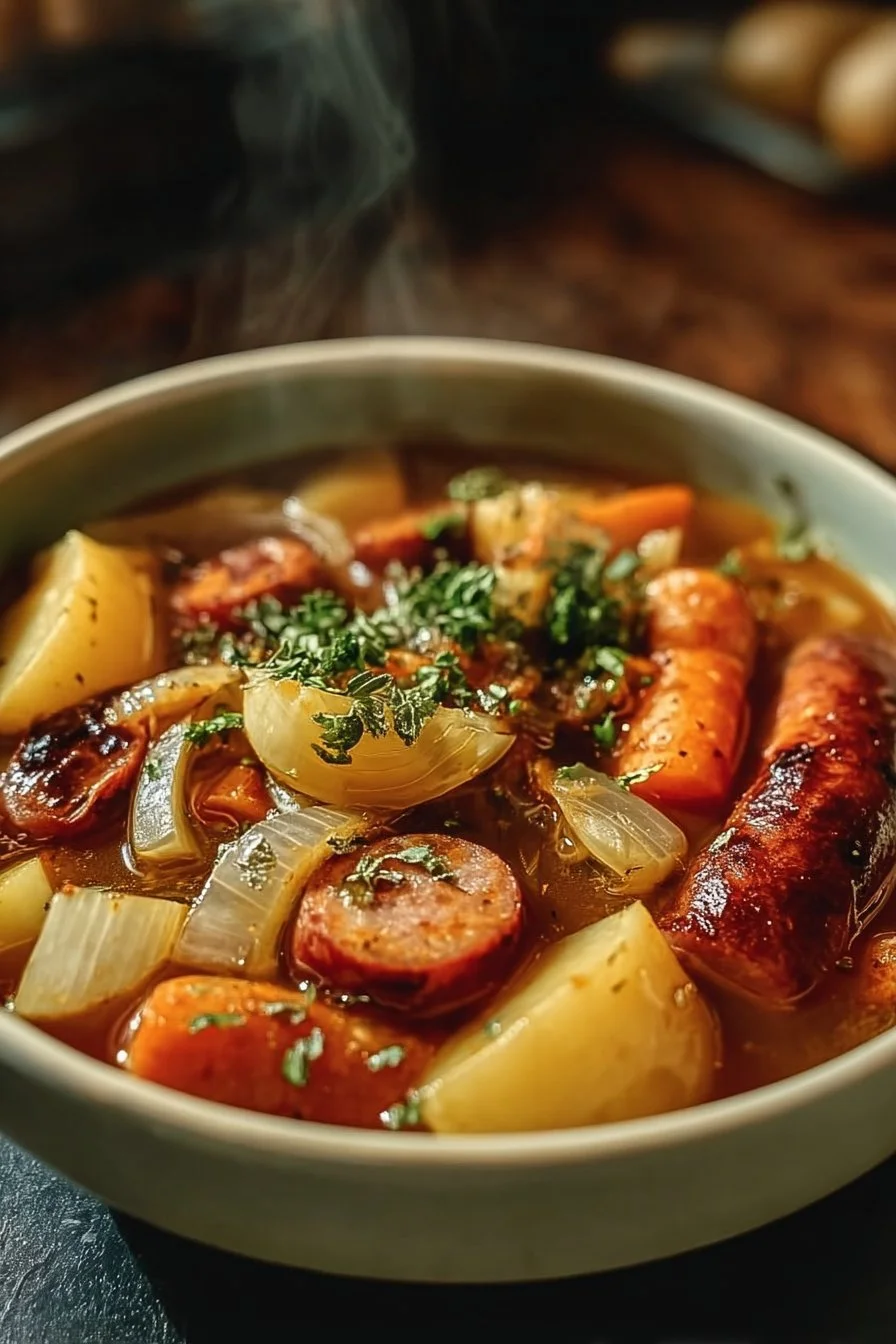Potée savoureuse de saucisses et légumes dans un plat traditionnel