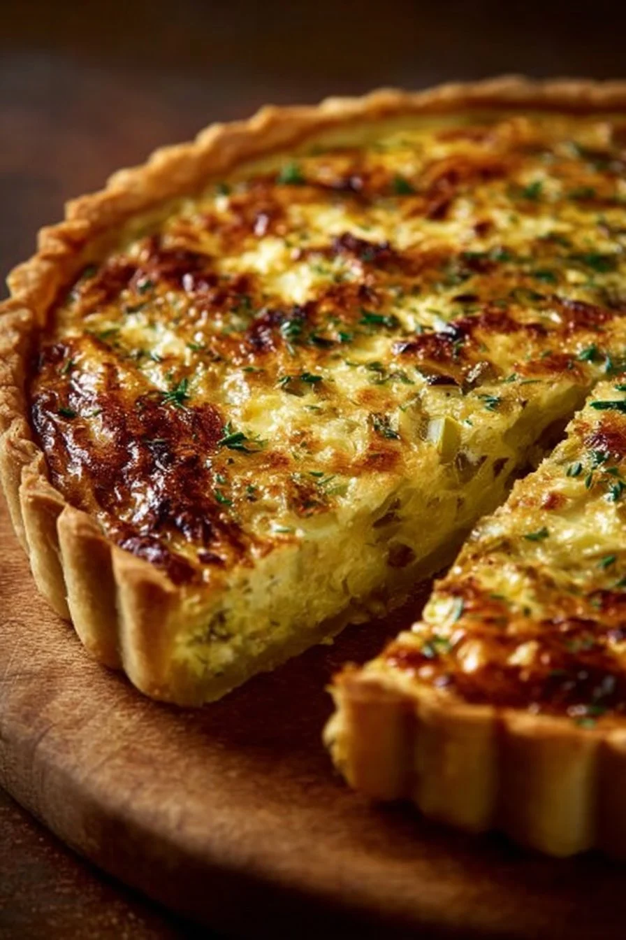 Quiche aux poireaux fraîchement cuite, dorée et appétissante