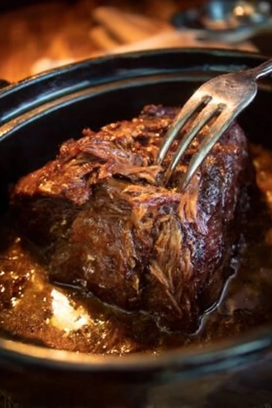 Rôti de paleron de boeuf bien cuit sur une planche en bois.