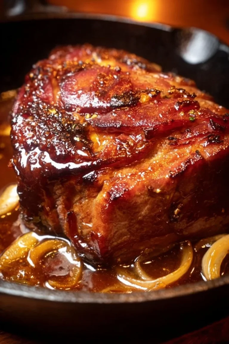 Rouelle de Porc cuite, prête à être servie avec des légumes.