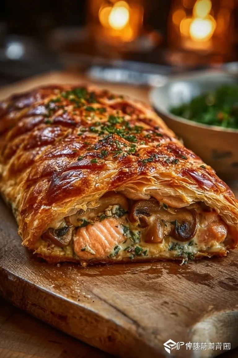 Saumon Wellington aux Fines Herbes et Crème de Champignons plat élégant