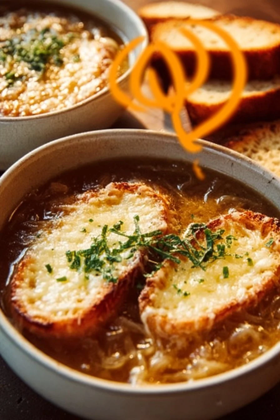 Soupe à l’oignon gratinée servie dans un bol