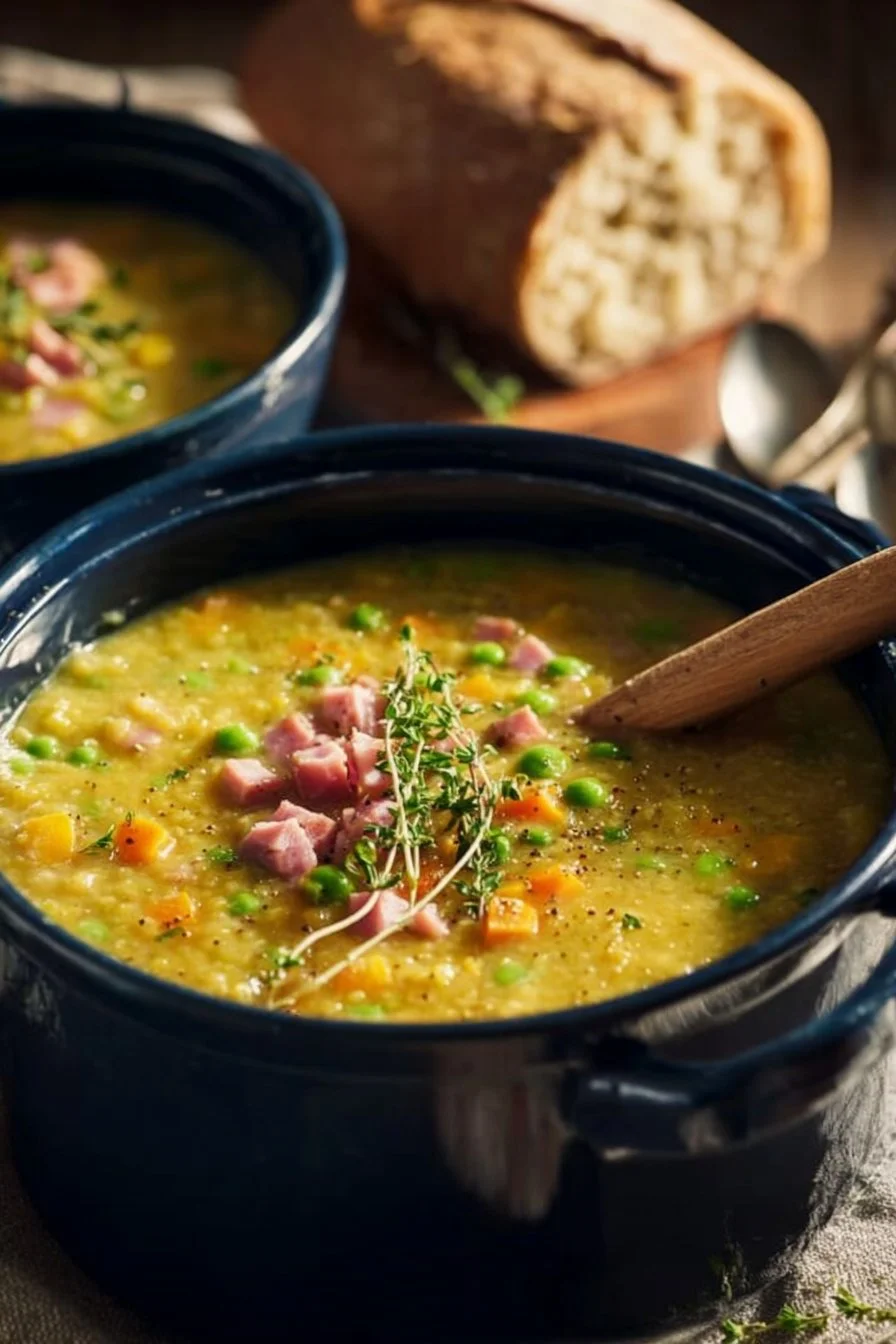 Bol de soupe aux pois cassés garnie d'herbes fraîches