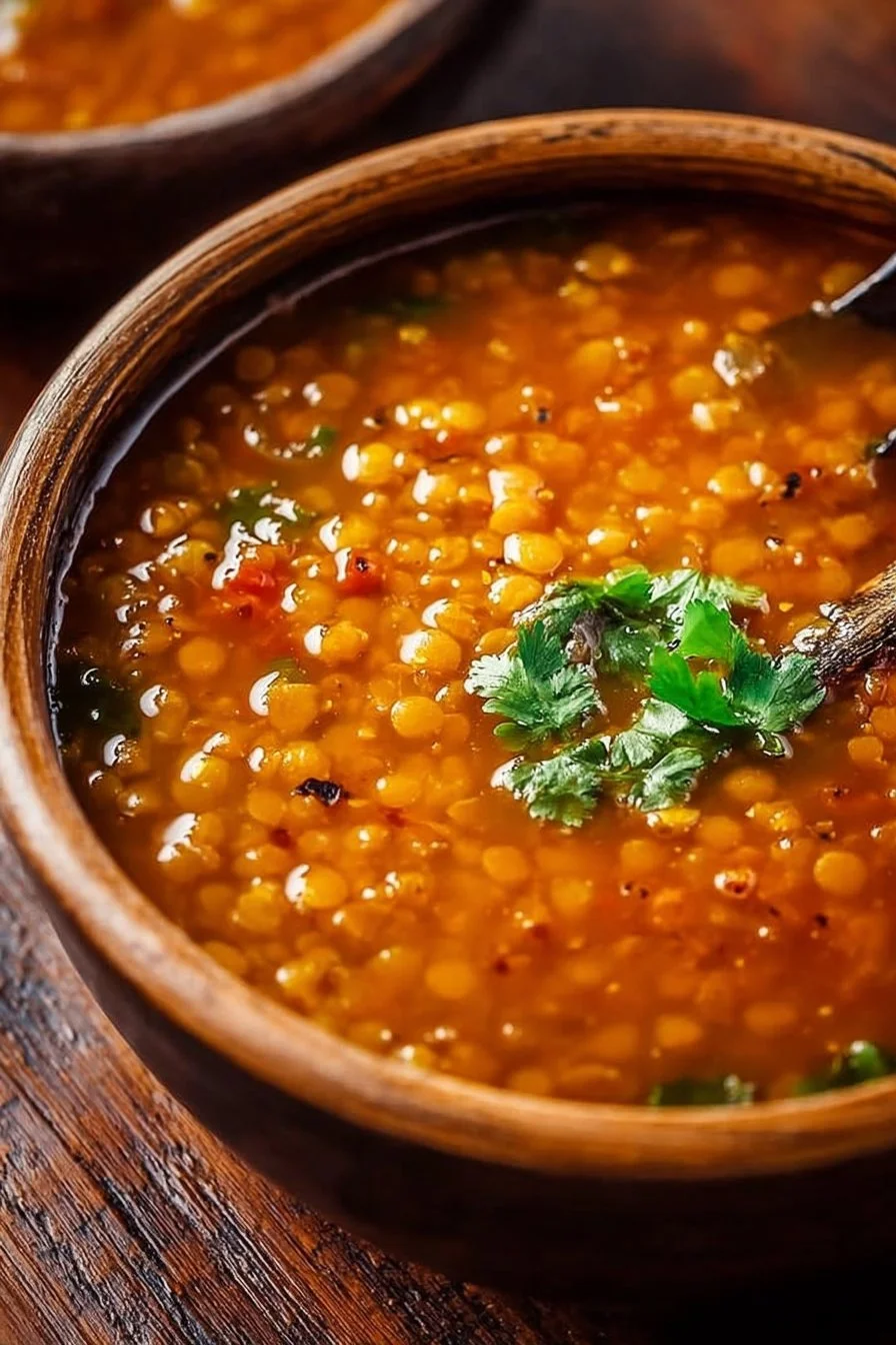 Soupe épicée de lentilles marocaines servie dans un bol en terre cuite