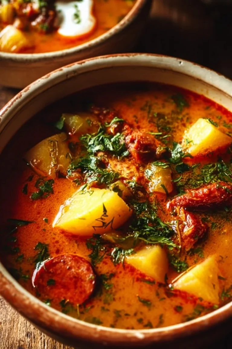 Soupe espagnole aux pommes de terre et chorizo servie dans un bol