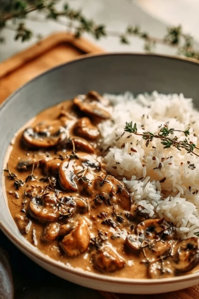 Savoureux Stroganoff de Champignons servi avec des pâtes crémeuses.