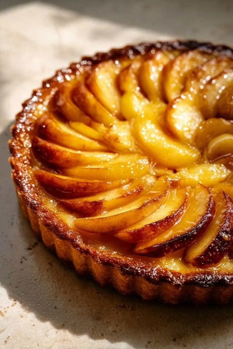 Tarte Aux Pommes Crème Brûlée garnie de pommes caramélisées et d'une croûte dorée.