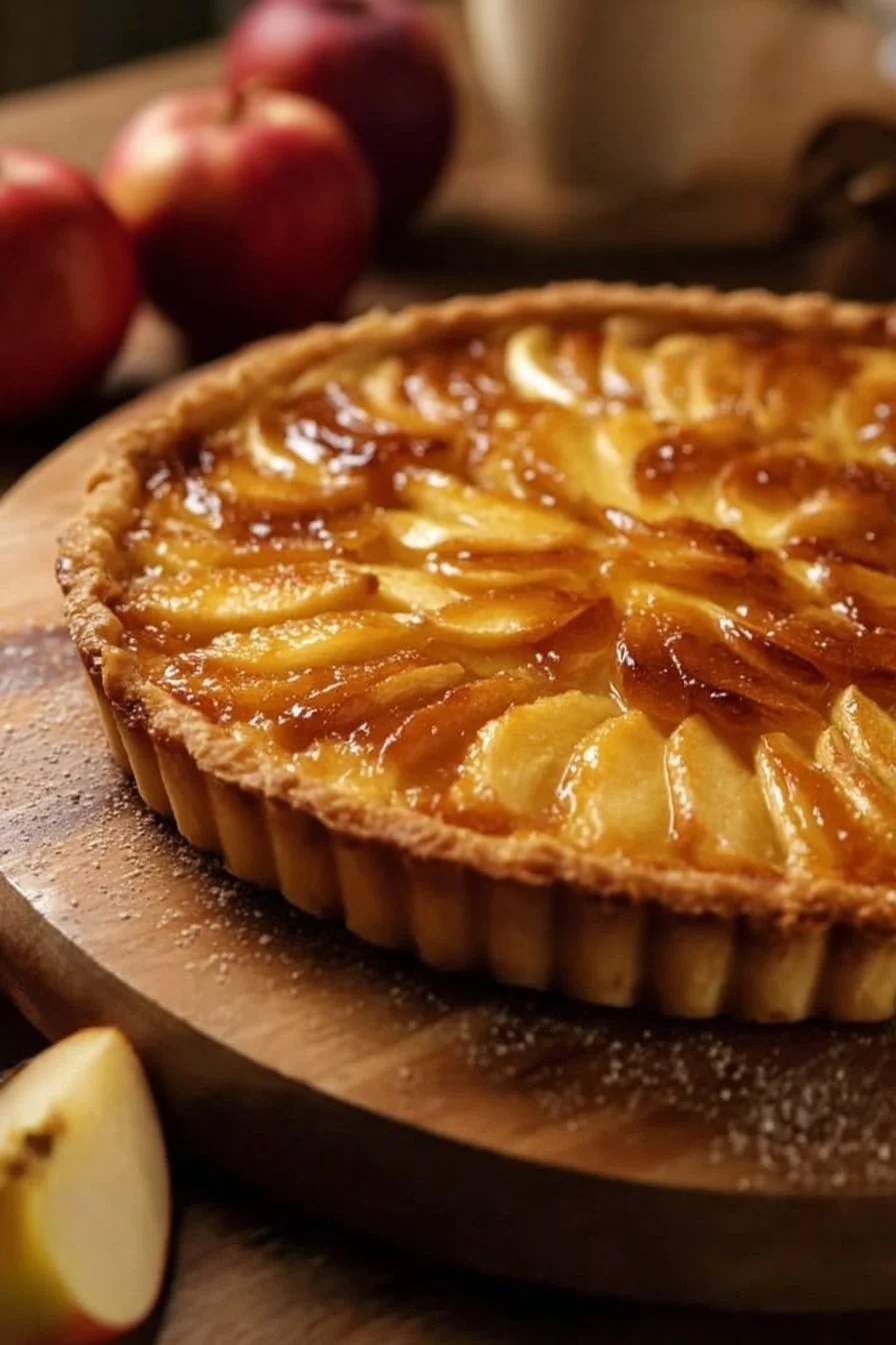 Tarte aux pommes façon crème brûlée facile, un dessert français savoureux.
