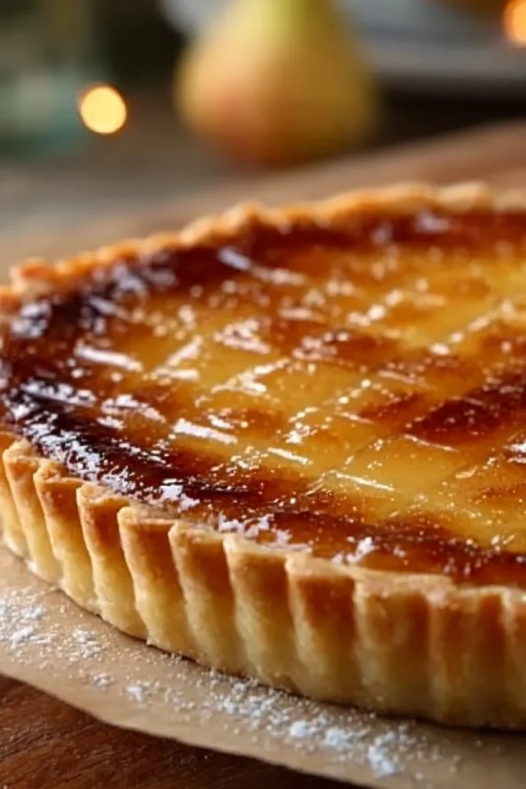 Tarte aux pommes façon crème brûlée, un dessert savoureux et élégant.