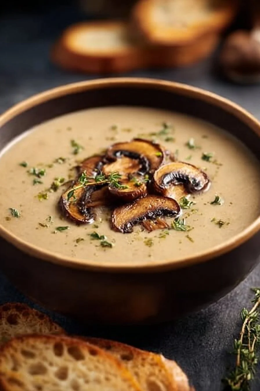 Bol de velouté de champignons onctueux garni de crème et herbes fraîches