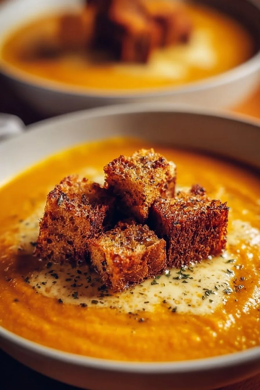 Bol de velouté de citrouille avec croûtons dorés