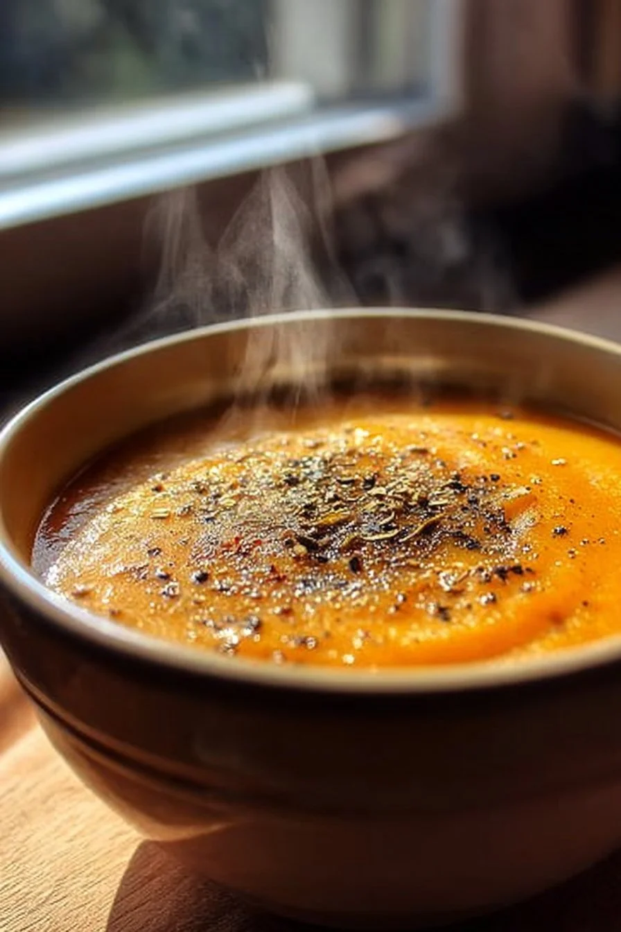 Velouté de patate douce crémeux servi dans un bol