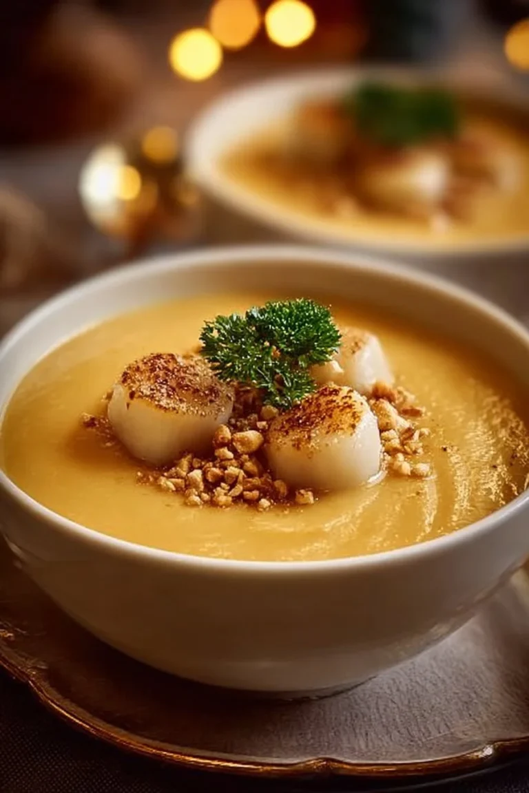 Velouté de patate douce avec lait de coco et noix de Saint-Jacques dans un bol
