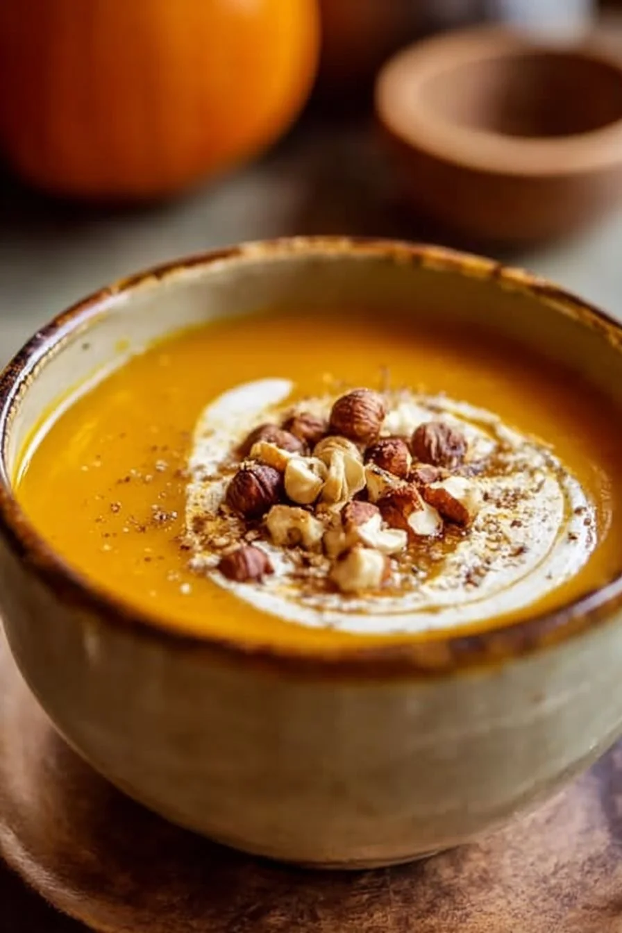 Velouté magique de potimarron, châtaigne et noisettes grillées dans un bol