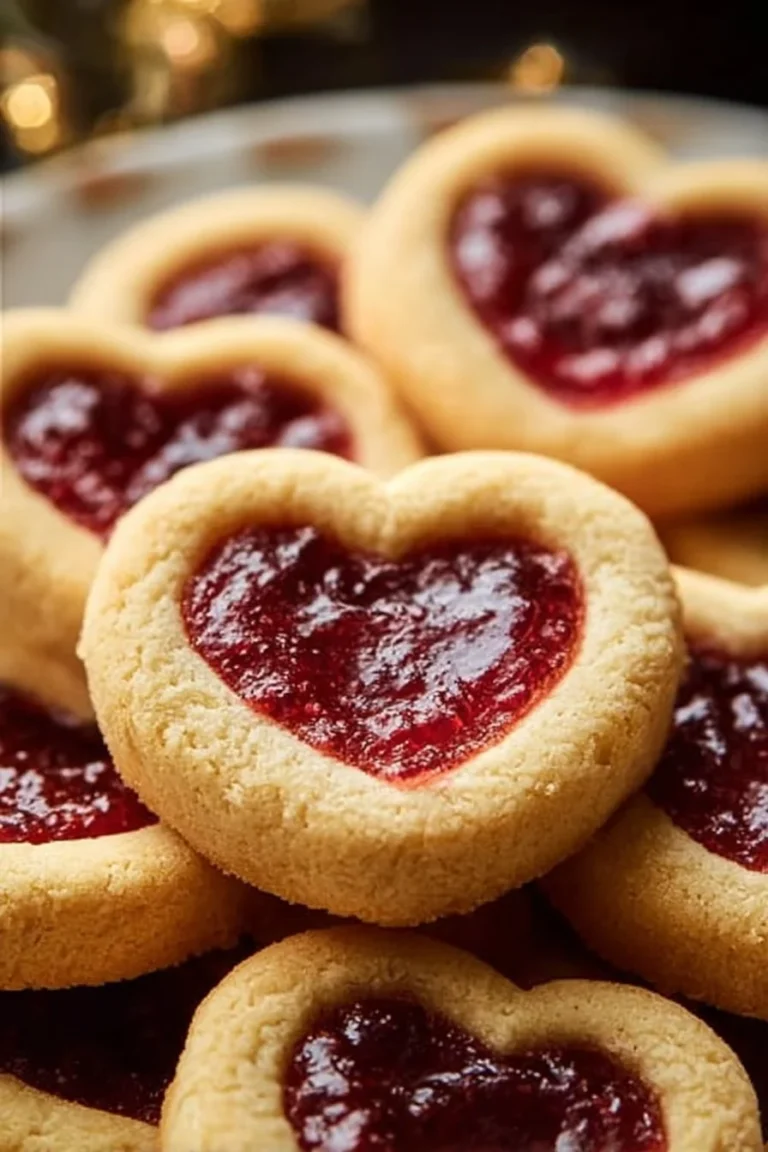 Biscuits à la confiture en forme de cœurs, idéals pour les gourmands.