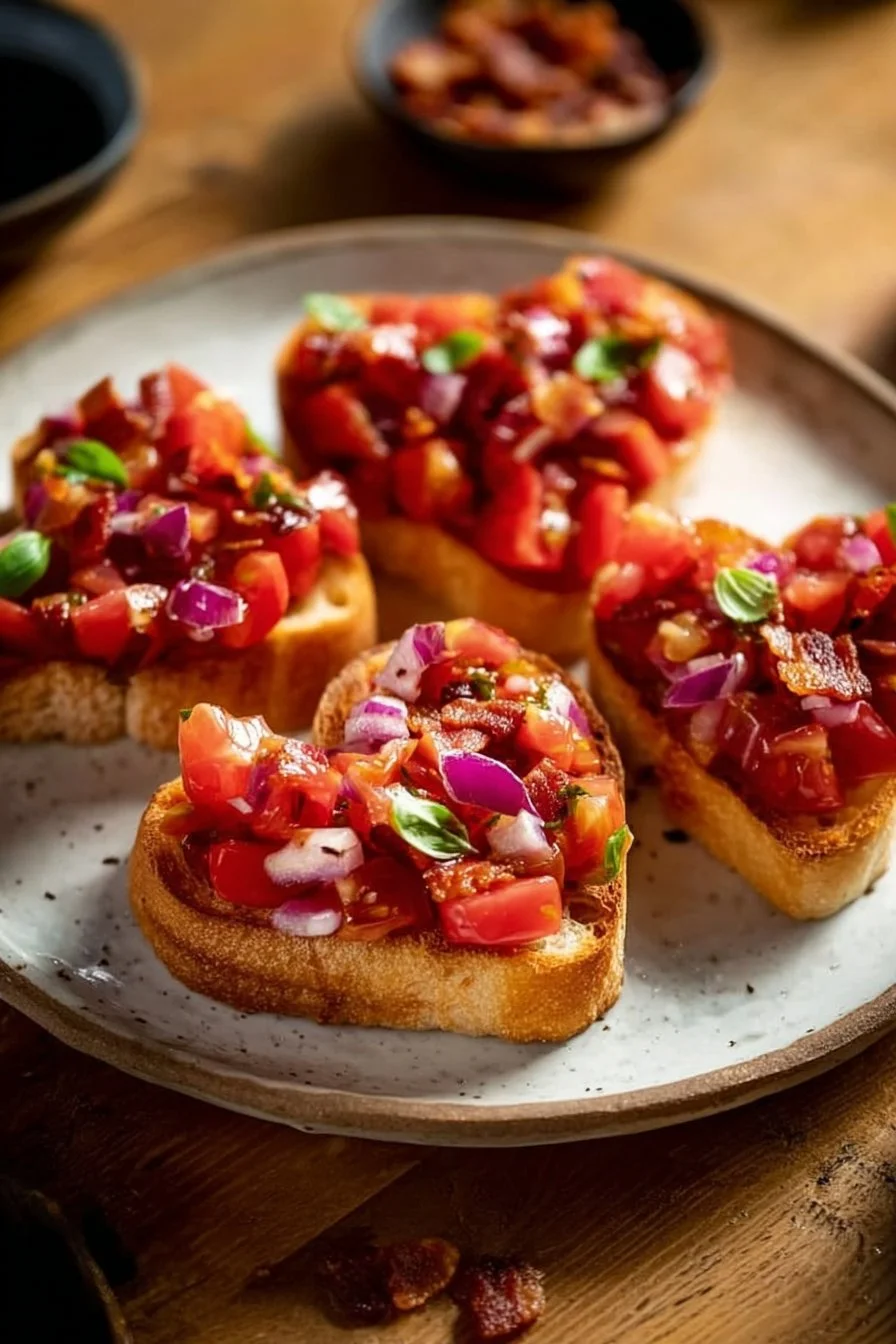 Bruschetta en forme de cœur garnie de tomates et basilic frais