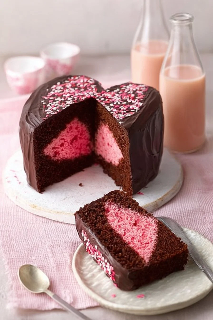 Gâteau surprise cœur pour la Saint-Valentin avec décoration romantique.