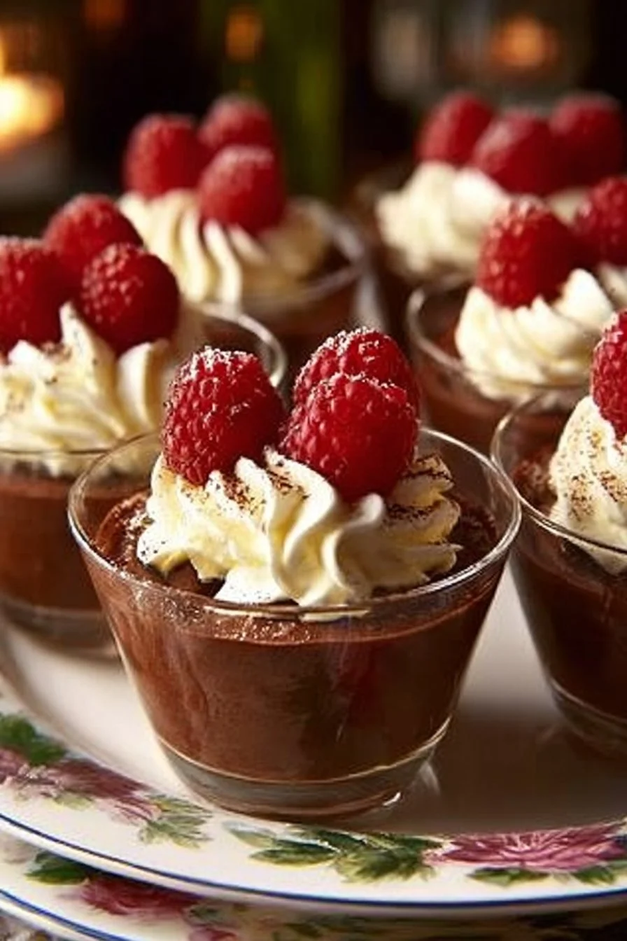 Mousse au chocolat avec framboises et chantilly