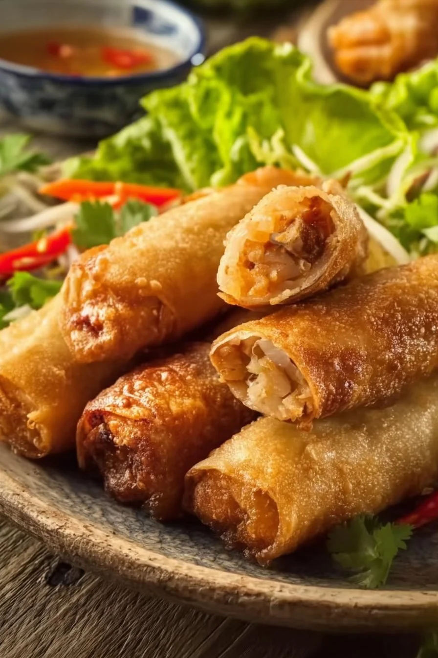 Nems vietnamiens croustillants servis avec des sauces