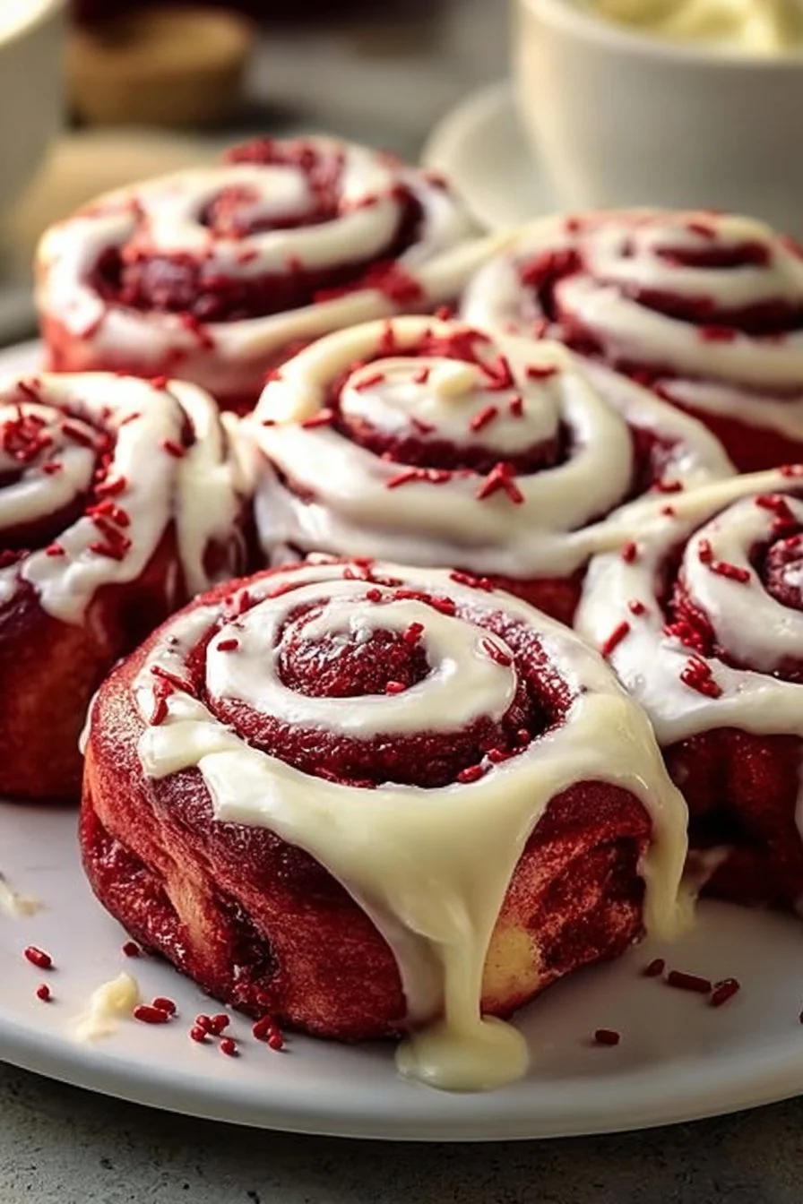 Roulés à la cannelle Red Velvet, délicieux et moelleux au goût unique.