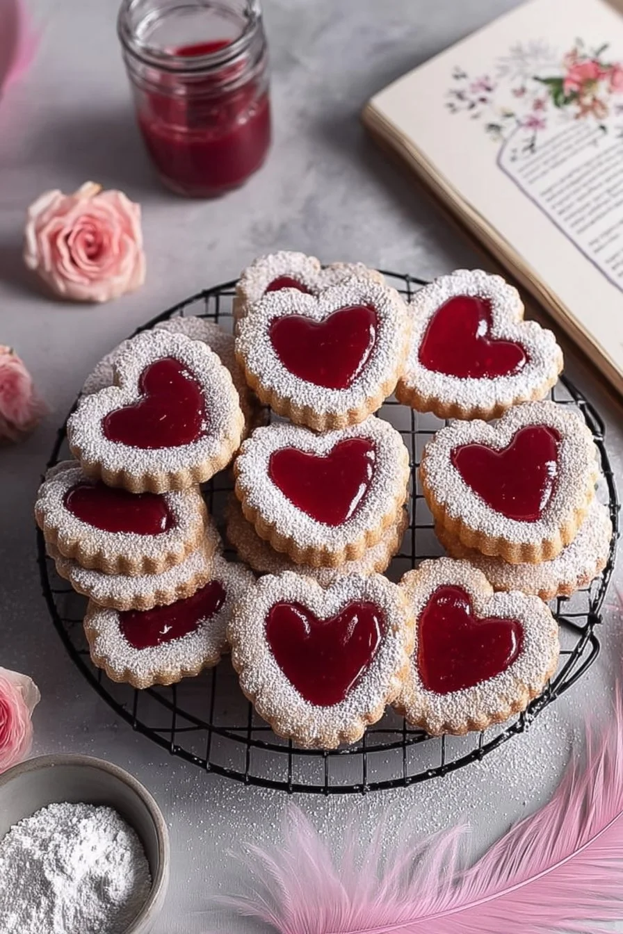 Sablés de la Saint-Valentin en forme de cœur sur une table décorée