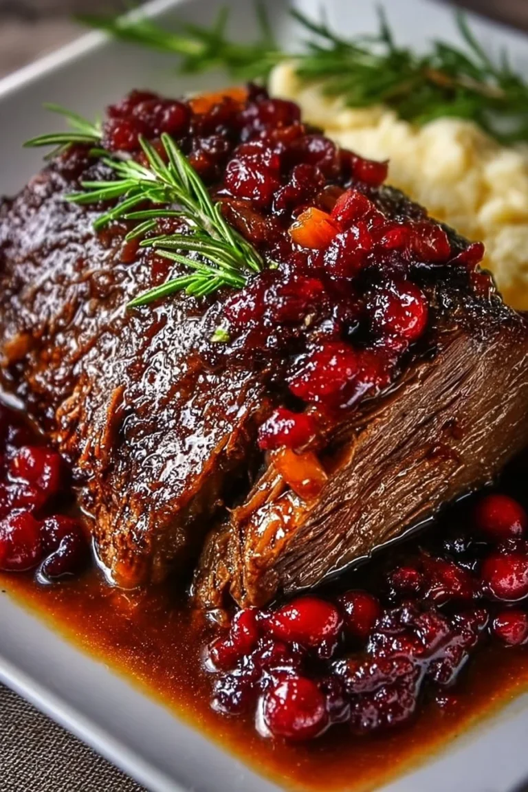 Rôti de bœuf lentement braisé avec un glaçage aux canneberges et balsamique.