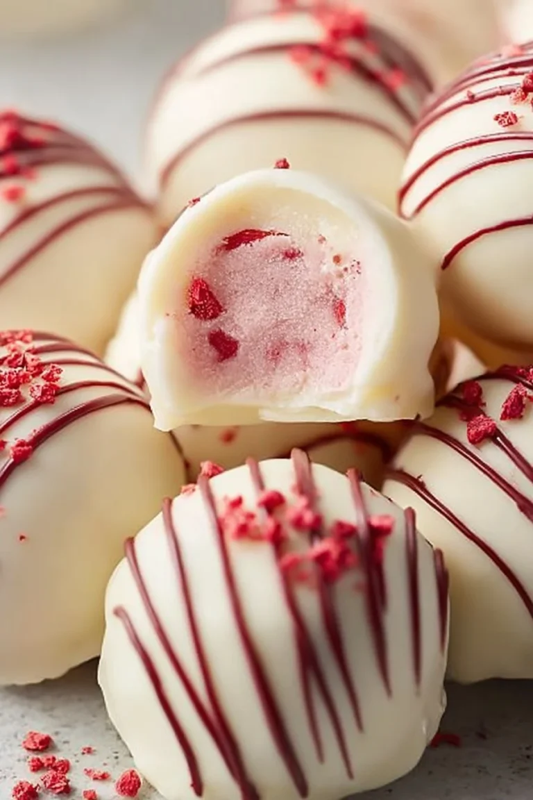 Truffes aux fraises et chocolat blanc, dessert gourmand enrobé de chocolat.