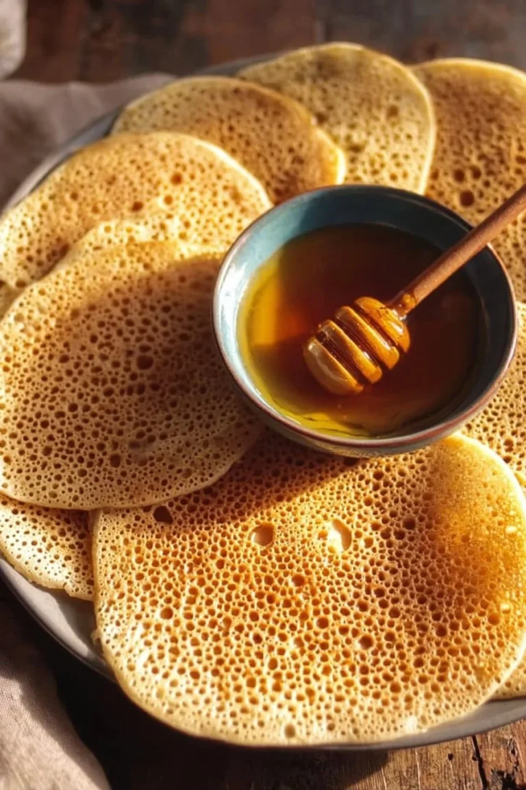 Baghrir, crêpe marocaine à mille trous, servie avec du miel.
