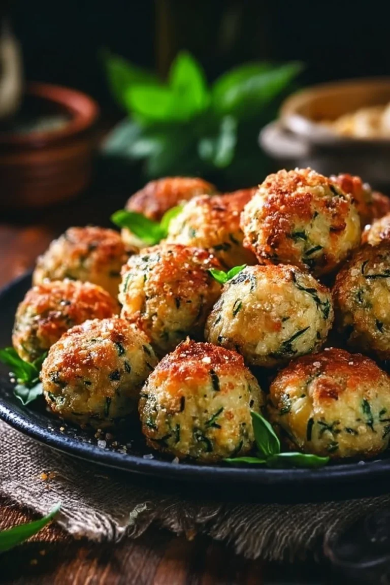 Boules de fromage et courgette dorées au four, plate présentant des bouchées appétissantes