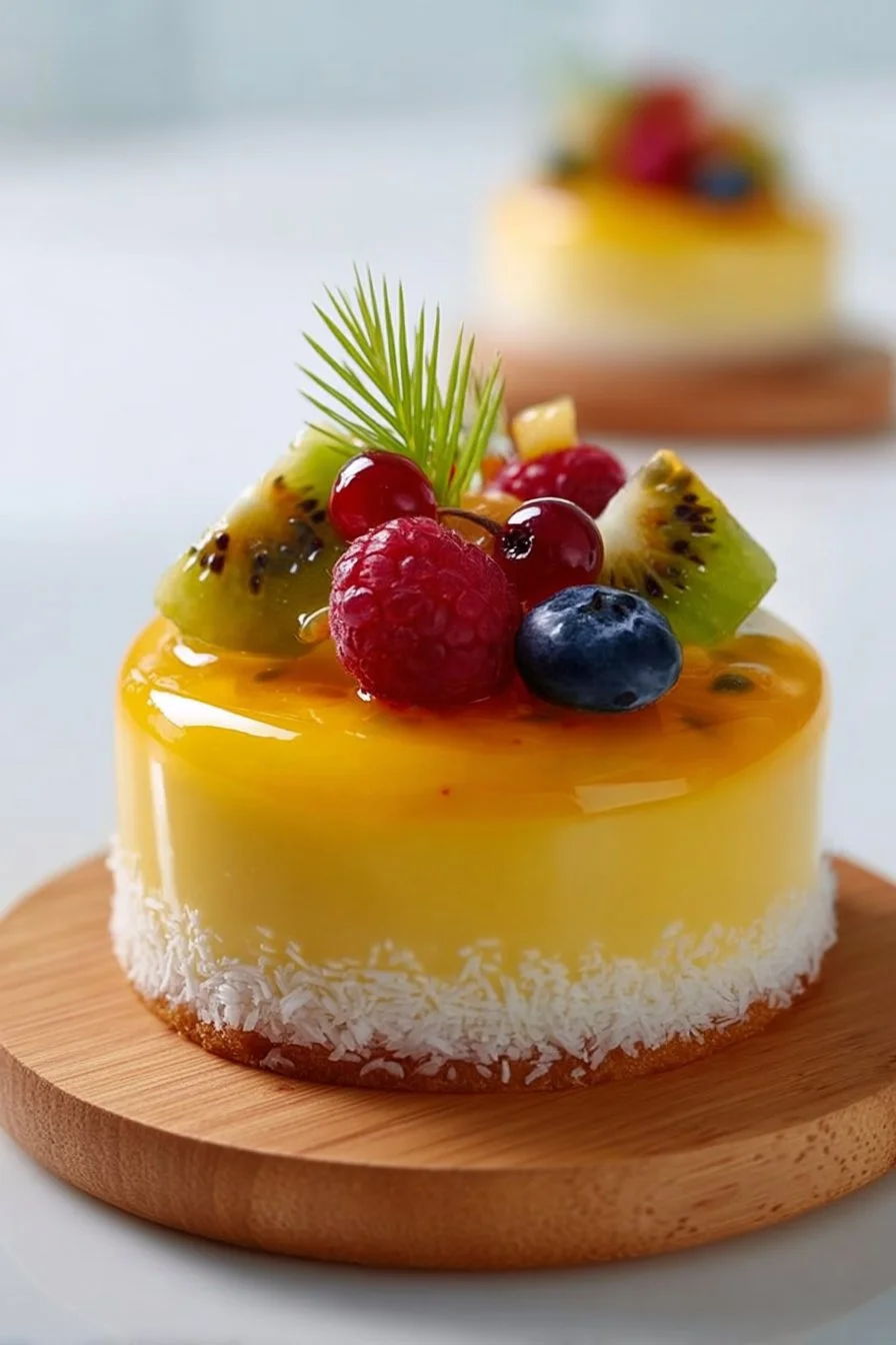 Bavarois aux fruits exotiques sur dacquoise coco, un dessert élégant et savoureux.