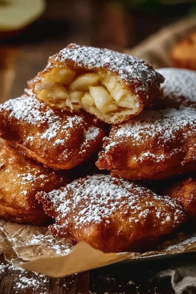 Beignets aux pommes à la poêle, croustillants et dorés, servis avec du sucre glace.