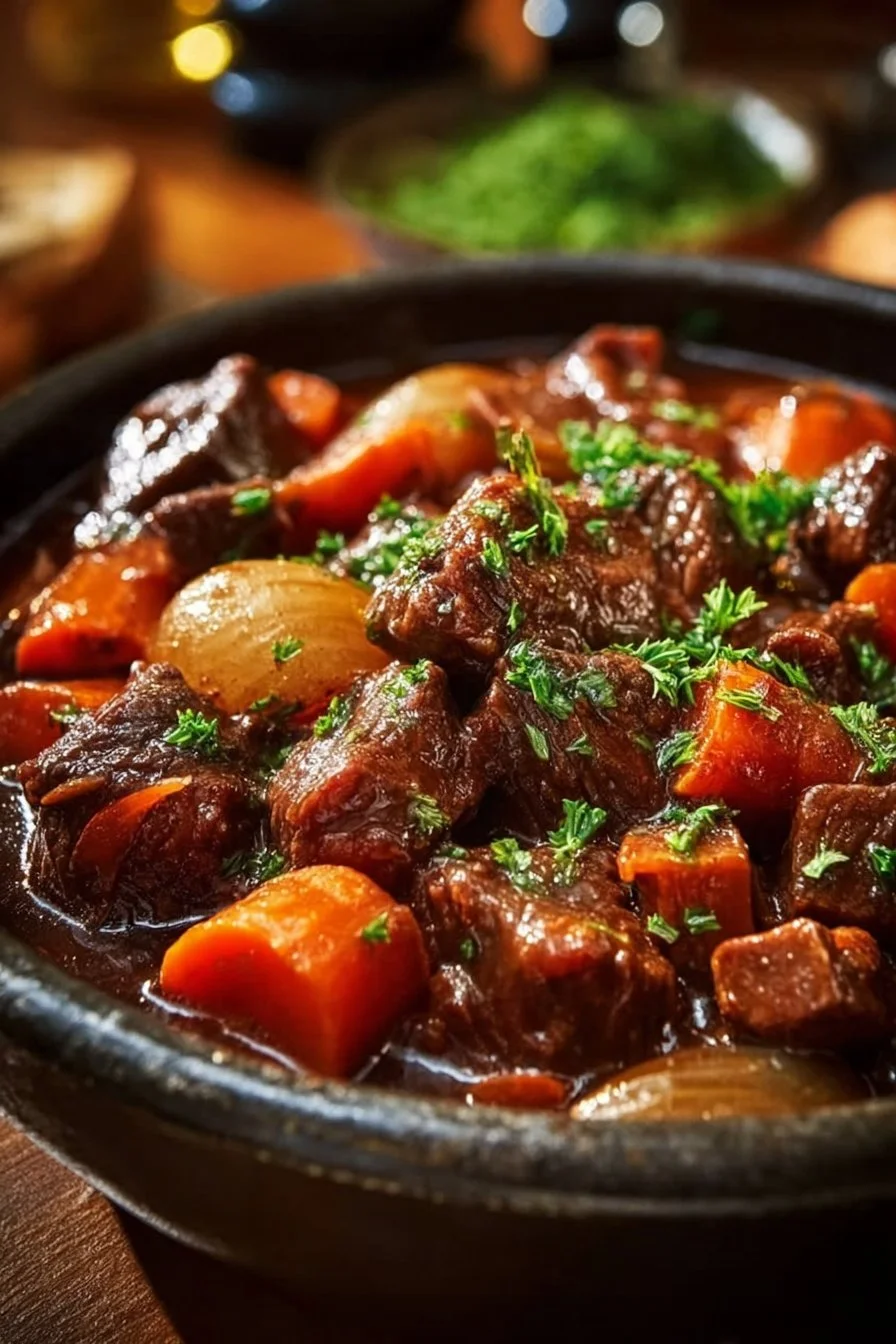 Plat de Bœuf Bourguignon authentique garni de légumes et herbes fraîches