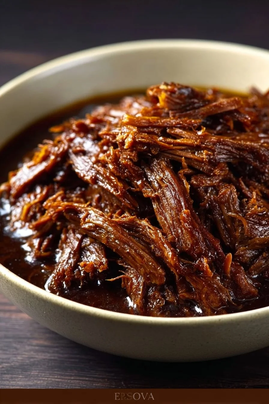 Recette de bœuf effiloché à la bière blonde présenté dans un plat appétissant.