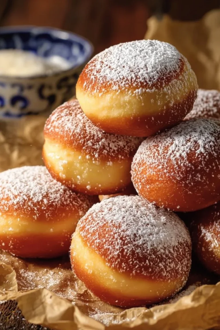 Bomboloni italiens faits maison garnis de crème pâtissière et saupoudrés de sucre.
